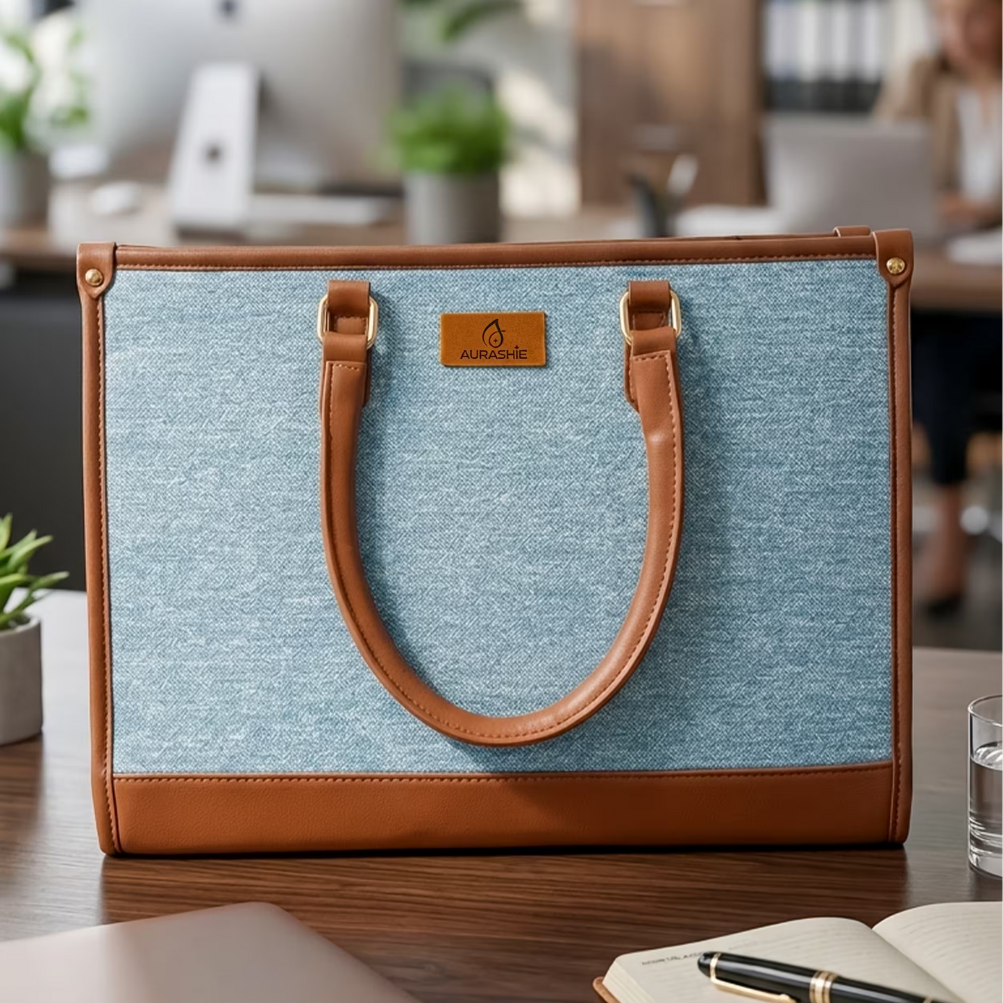Blue bag with brown handles and trim on a wooden surface, blurred office background