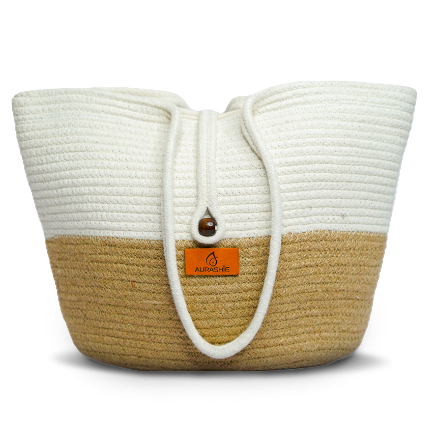 Woven bag with a white top and beige bottom, featuring an orange brand label on a white background.