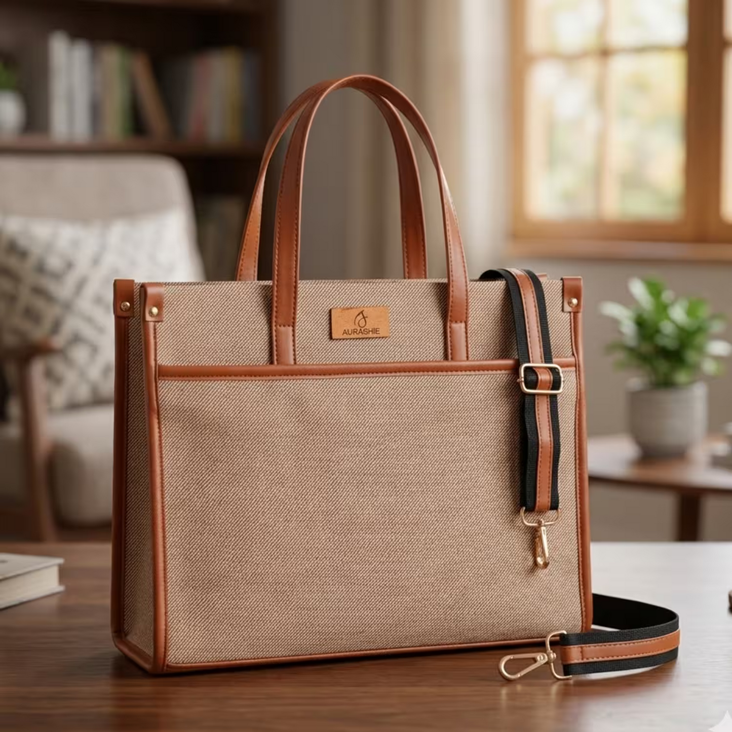 Beige handbag with brown handles and strap on a wooden table in a home setting