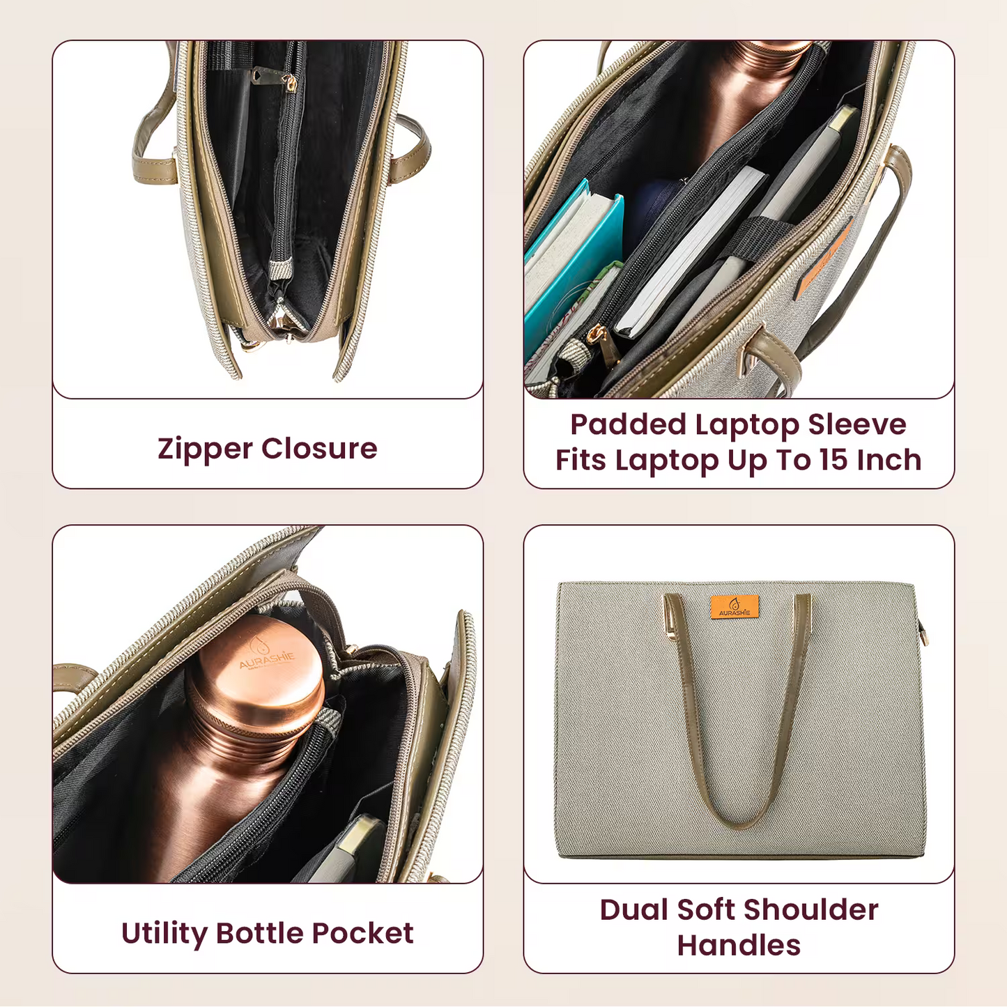 Collage of a gray laptop bag with features highlighted on a beige background