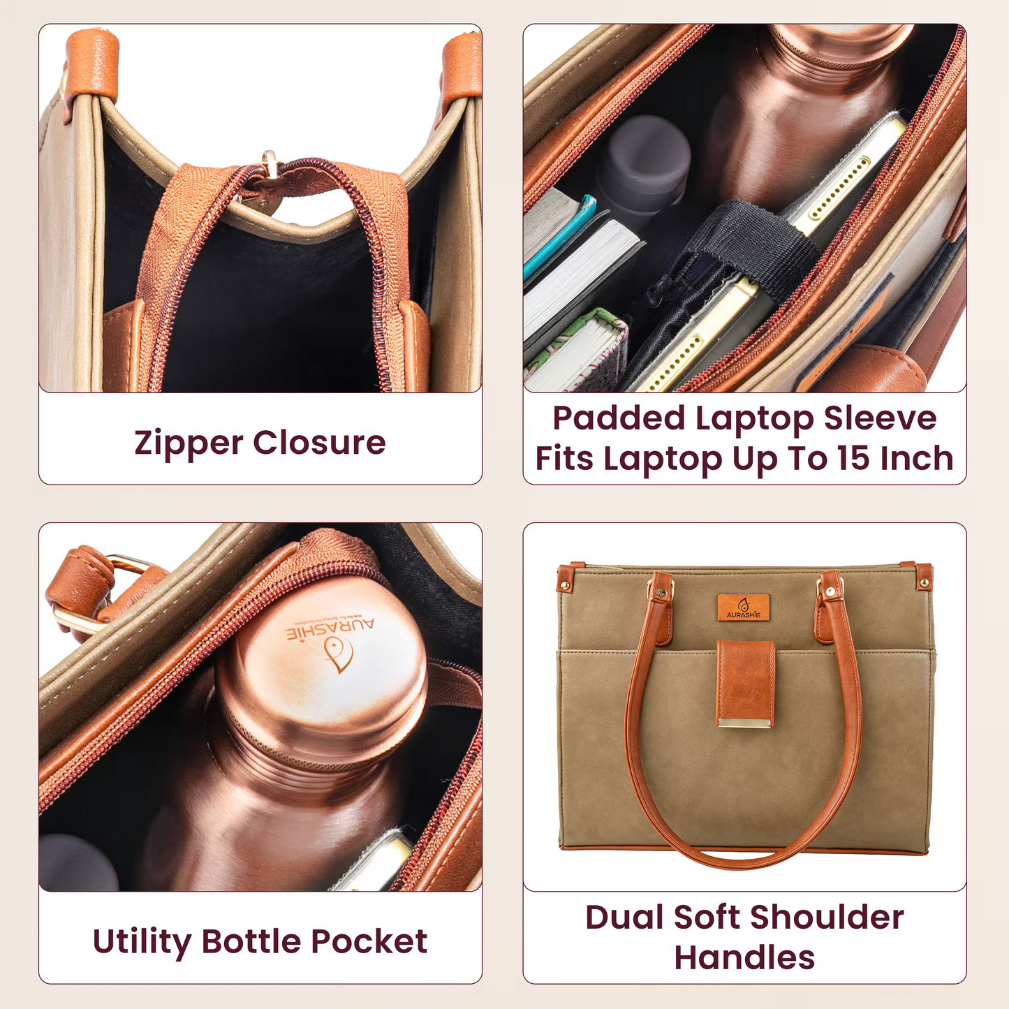 Product features of a bag with zipper closure, padded laptop sleeve, utility bottle pocket, and dual soft shoulder handles.