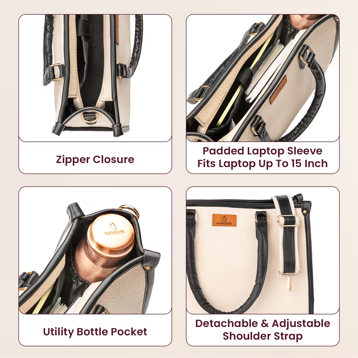 Product features of a backpack with text labels on a beige background