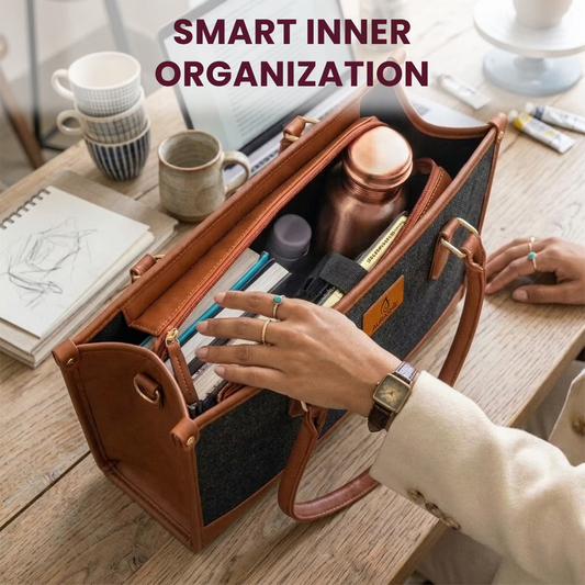 Handbag with organized contents on a desk, with text 'Smart Inner Organization'.