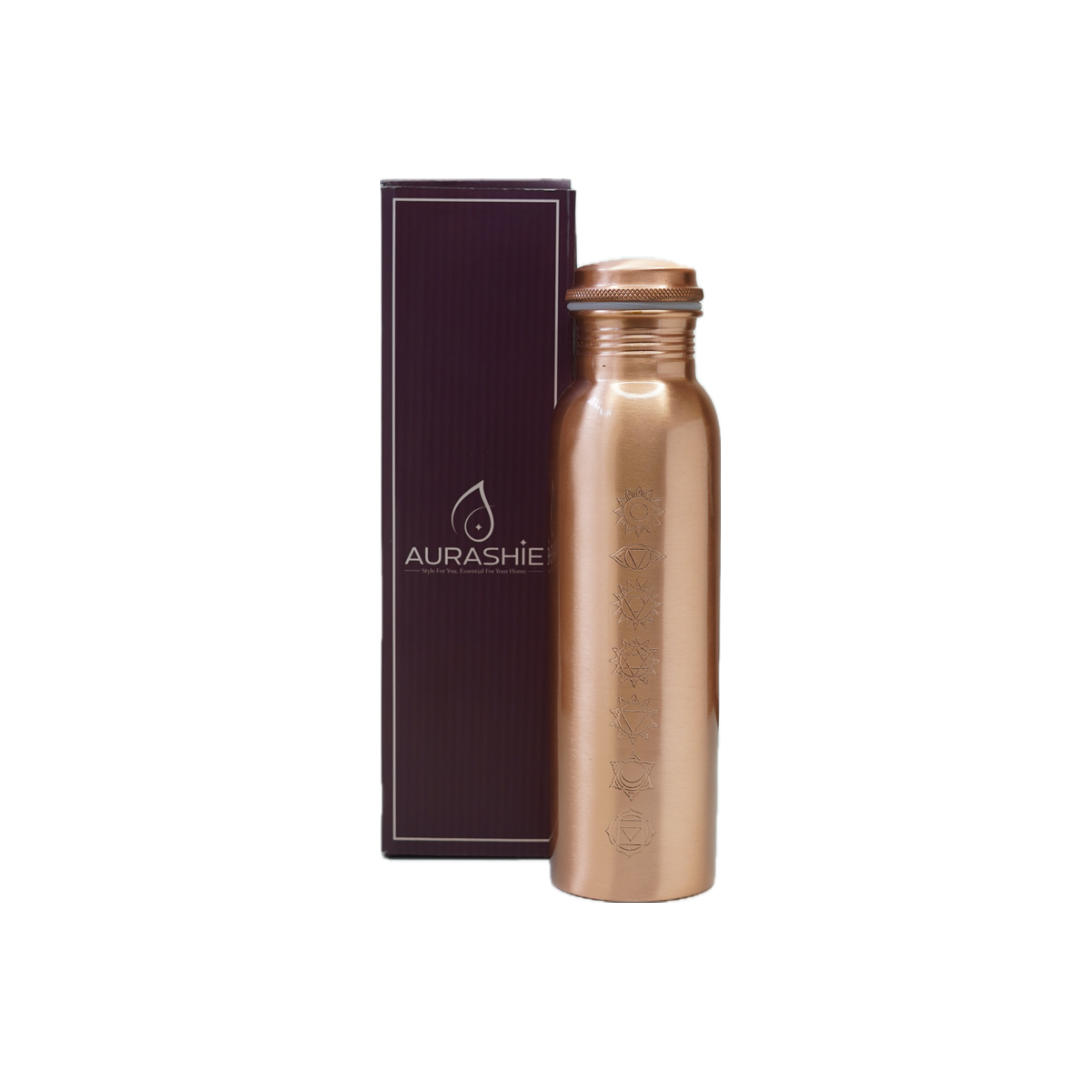 Rose gold water bottle with 'Aurashie' branding on a white background
