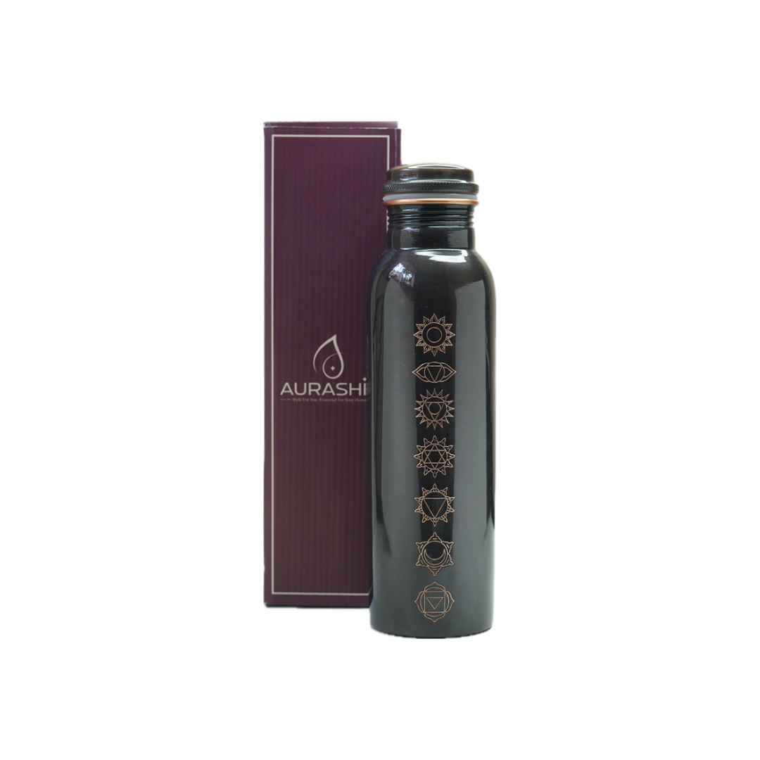 Black water bottle with decorative patterns and a matching box on a white background