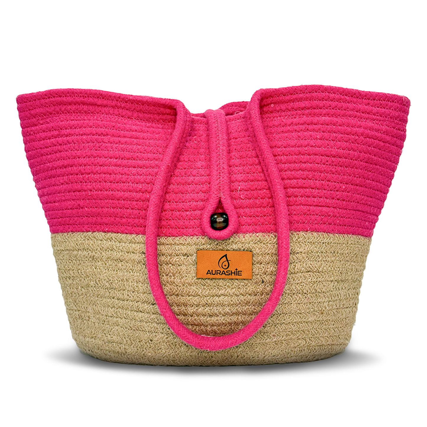 Pink and beige woven bag with 'Aurache' logo on a white background
