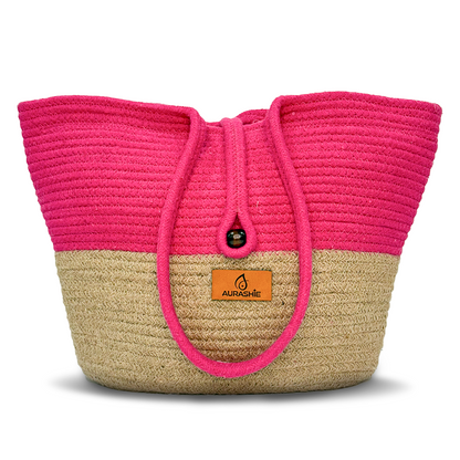 Pink and beige woven bag with 'Aurache' logo on a white background