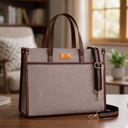 Gray tote bag with brown handles and strap on a wooden table, blurred indoor background