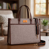 Gray tote bag with brown handles and strap on a wooden table, blurred indoor background