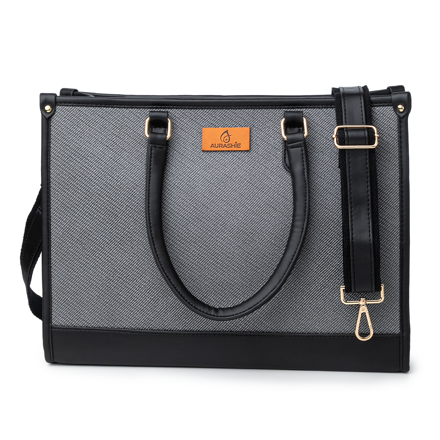Gray tote bag with black straps and gold hardware on a white background