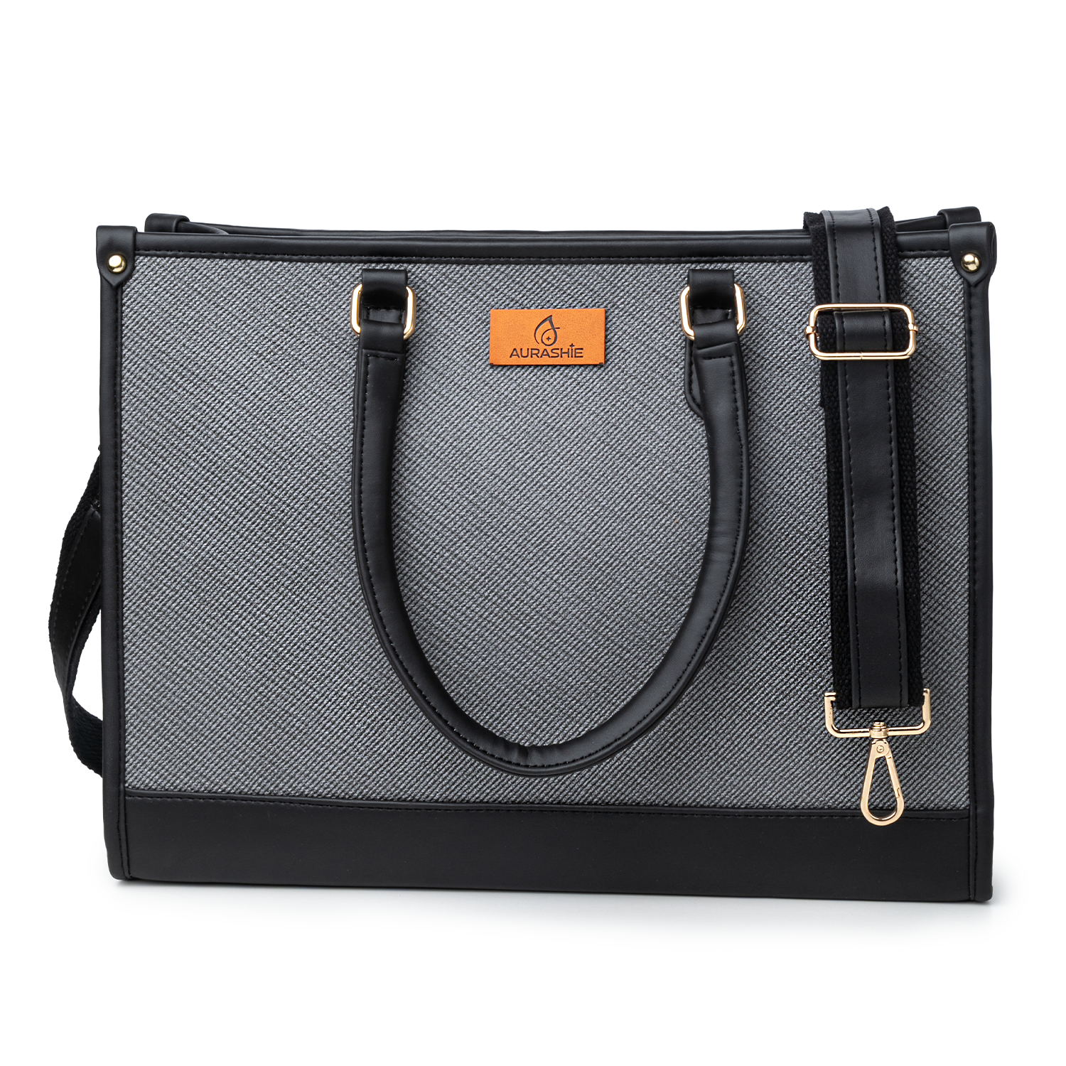 Gray tote bag with black straps and gold hardware on a white background