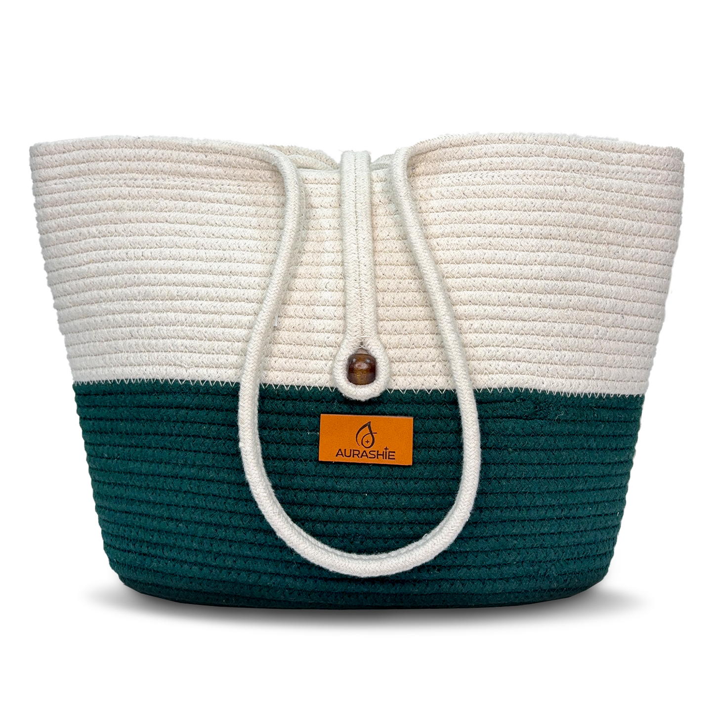 Woven tote bag with a drawstring and visible brand logo on a white background