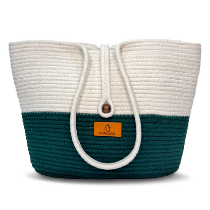 Woven tote bag with a drawstring and visible brand logo on a white background