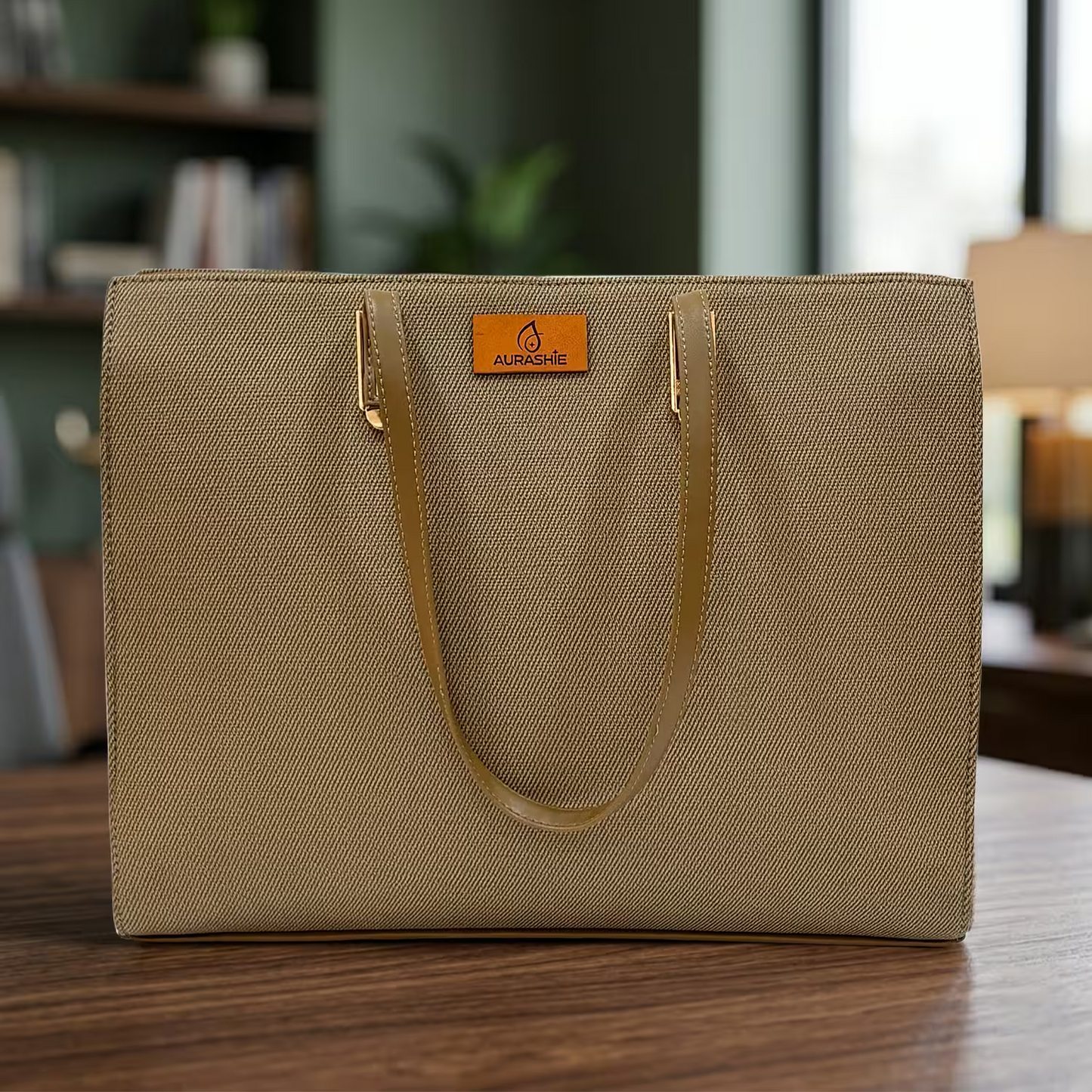 Beige tote bag with a brand logo on a wooden surface