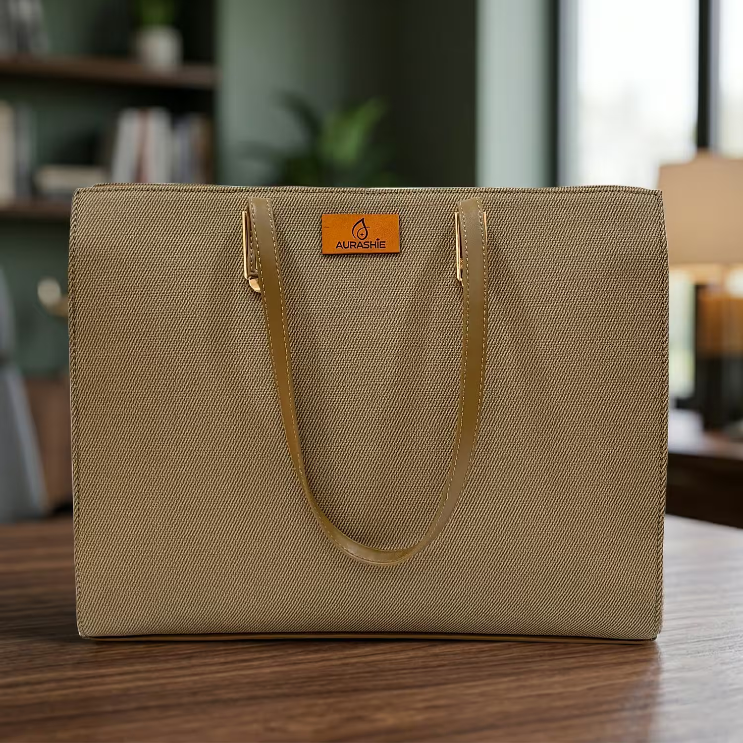 Beige tote bag with a brand logo on a wooden surface