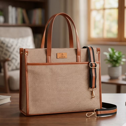 Beige handbag with brown handles and strap on a wooden table in a home setting