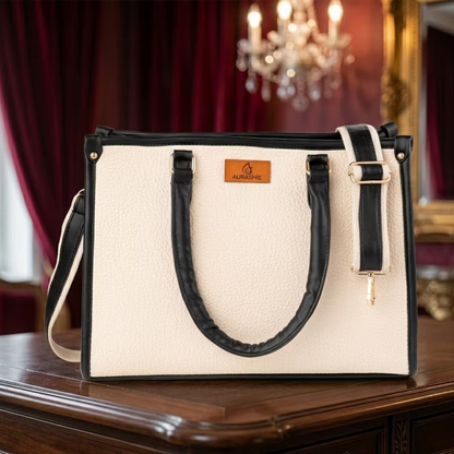 Beige handbag with black handles and trim on a wooden surface with a blurred background