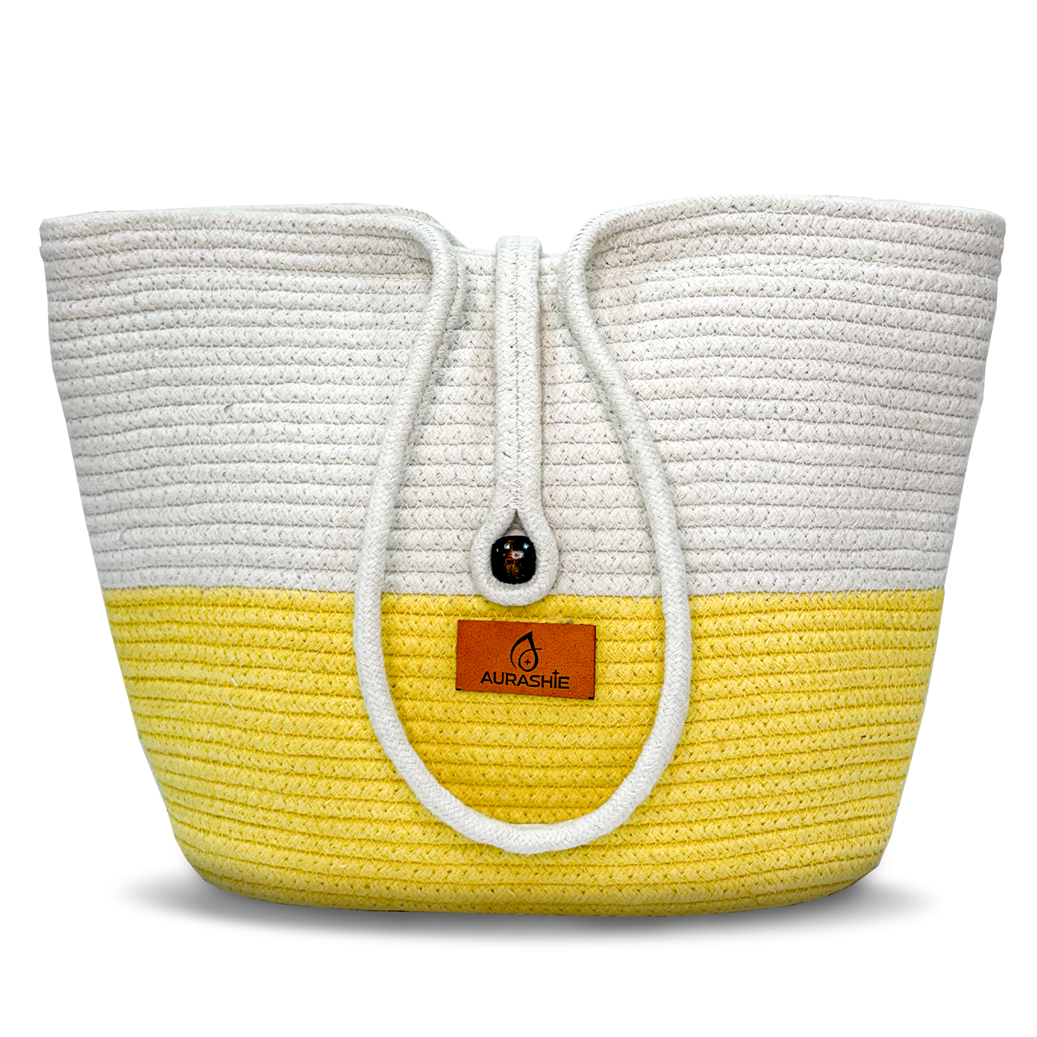 Yellow and white woven tote bag with a visible brand logo on a white background