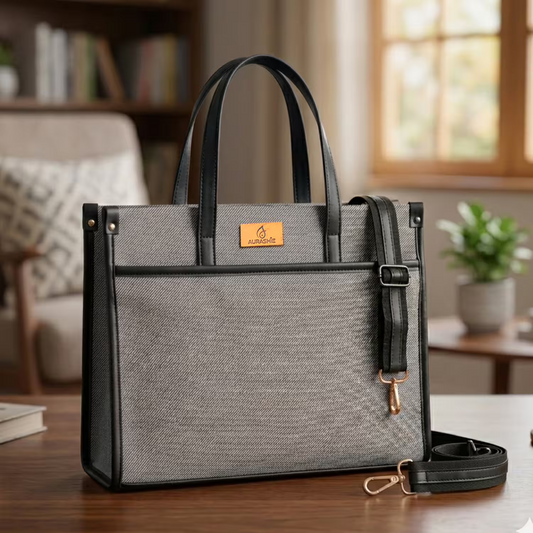 Gray handbag with black accents on a wooden table in a home setting