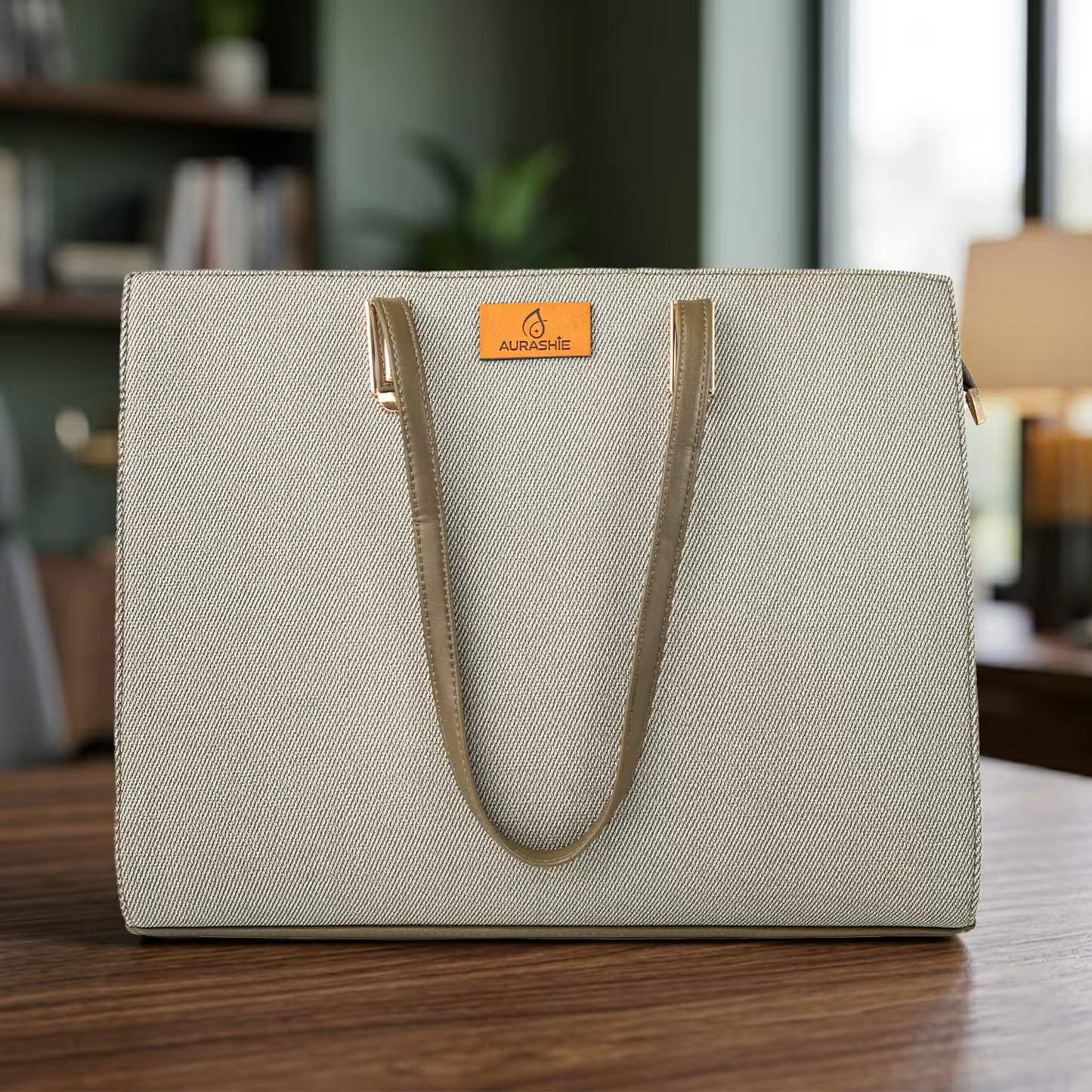 Light gray tote bag with gold handles on a wooden surface, blurred indoor background