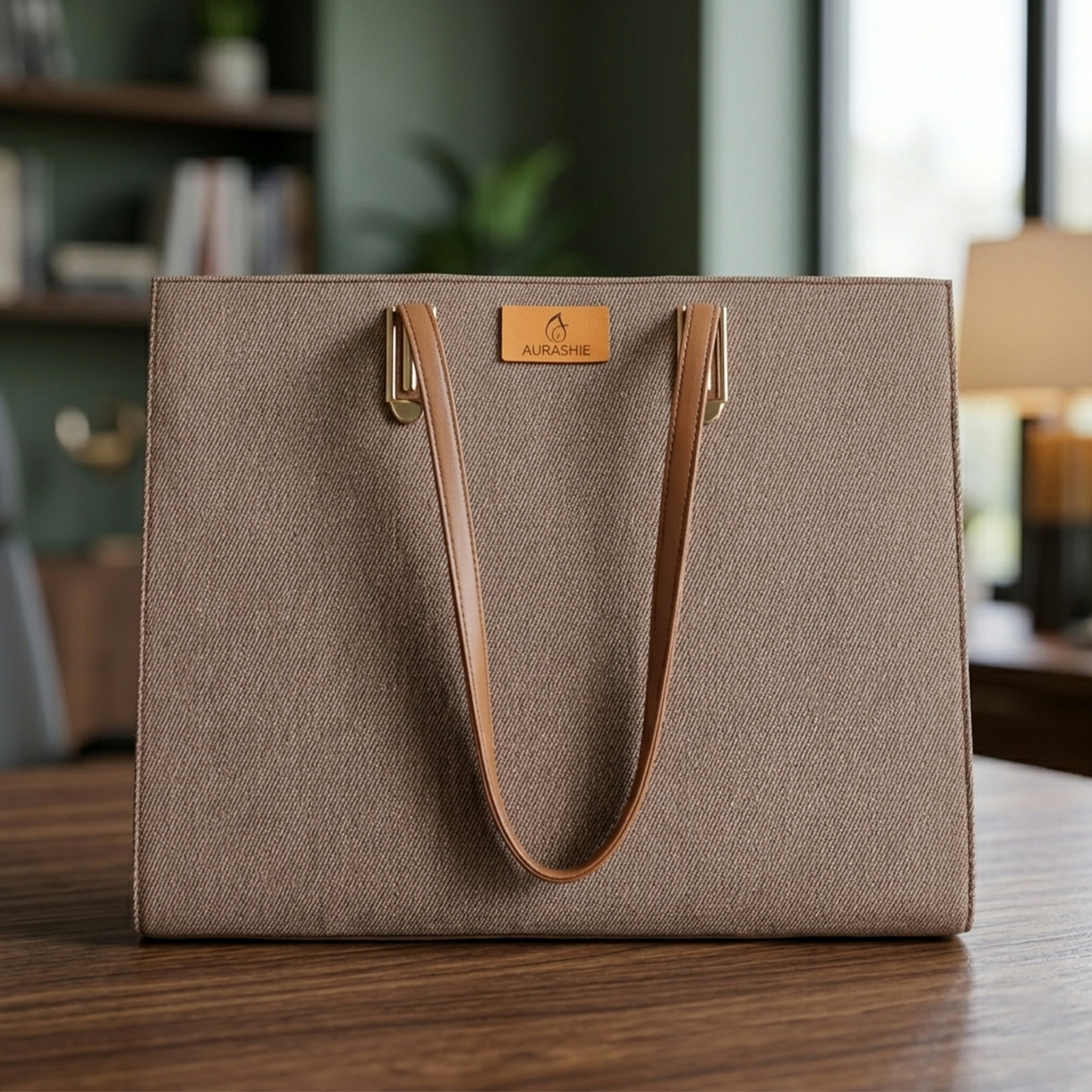 Brown tote bag with leather handle on a wooden surface, blurred indoor background