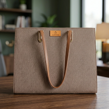Brown tote bag with leather handle on a wooden surface, blurred indoor background
