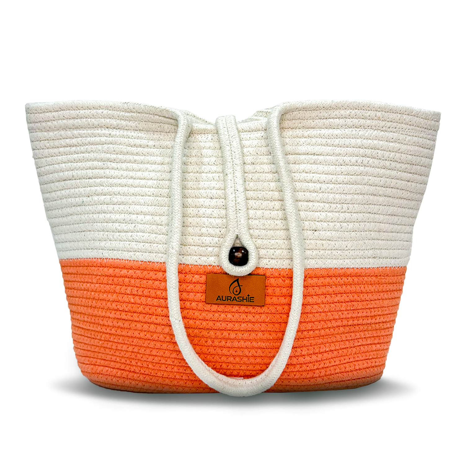 Tote bag with white top half and orange bottom half on a white background