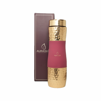 Pure Copper Water Bottle - Hammered Finish (Brown Grip Sleeve)