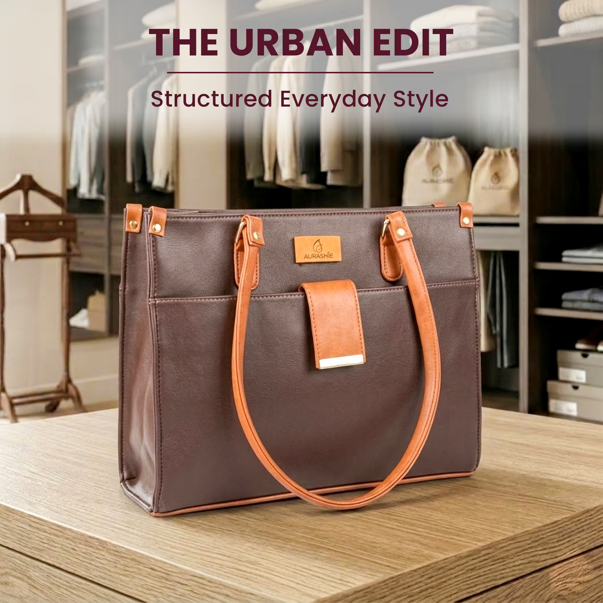 Brown leather handbag with orange accents on a wooden surface, with 'The Urban Edit' branding.