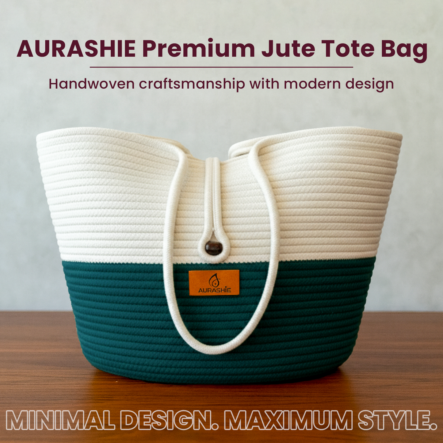 AURASHIE Premium Jute Tote Bag with white top and teal bottom on a wooden surface.