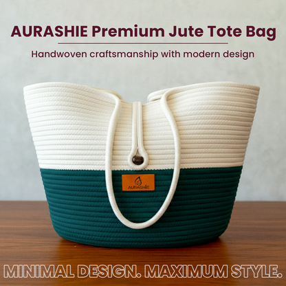 AURASHIE Premium Jute Tote Bag with white top and teal bottom on a wooden surface.