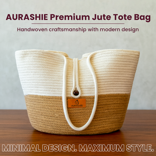 AURASHIE Premium Jute Tote Bag on a wooden surface with a neutral background