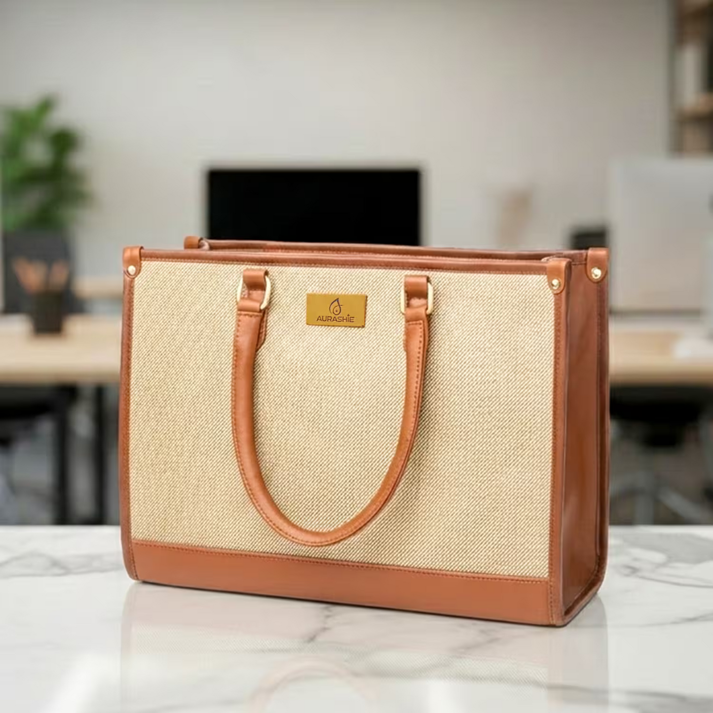 Beige and brown handbag with a gold tag on a marble surface