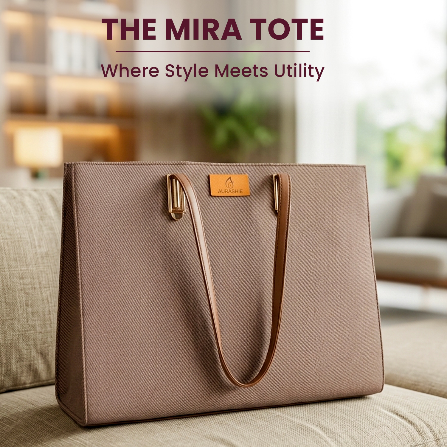 Brown tote bag with visible brand logo on a blurred indoor background