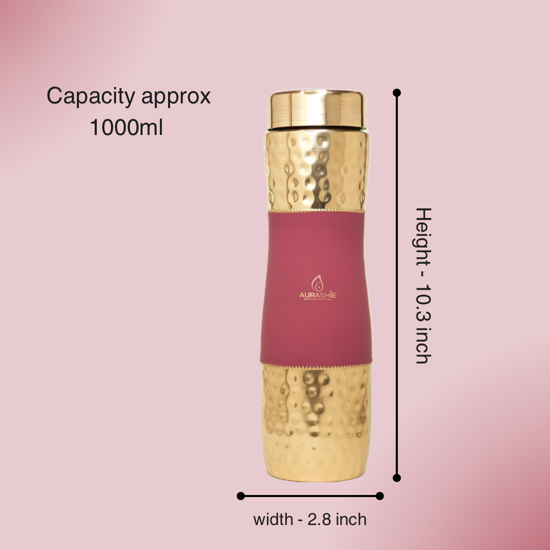 Pure Copper Water Bottle - Hammered Finish (Brown Grip Sleeve)