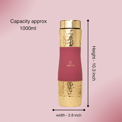 Pure Copper Water Bottle - Hammered Finish (Brown Grip Sleeve)