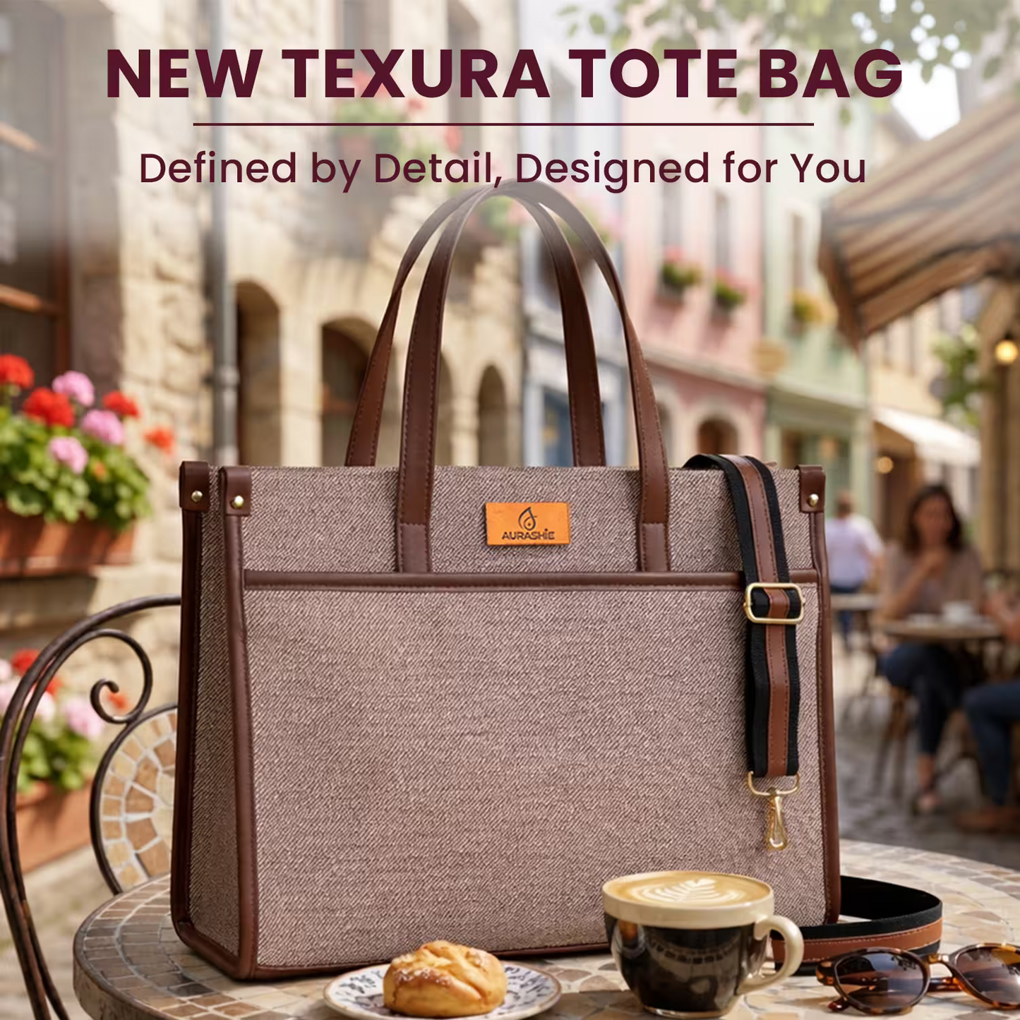 Brown tote bag with brown handles and strap on a table with a cup and pastry, set against a blurred outdoor cafe background.