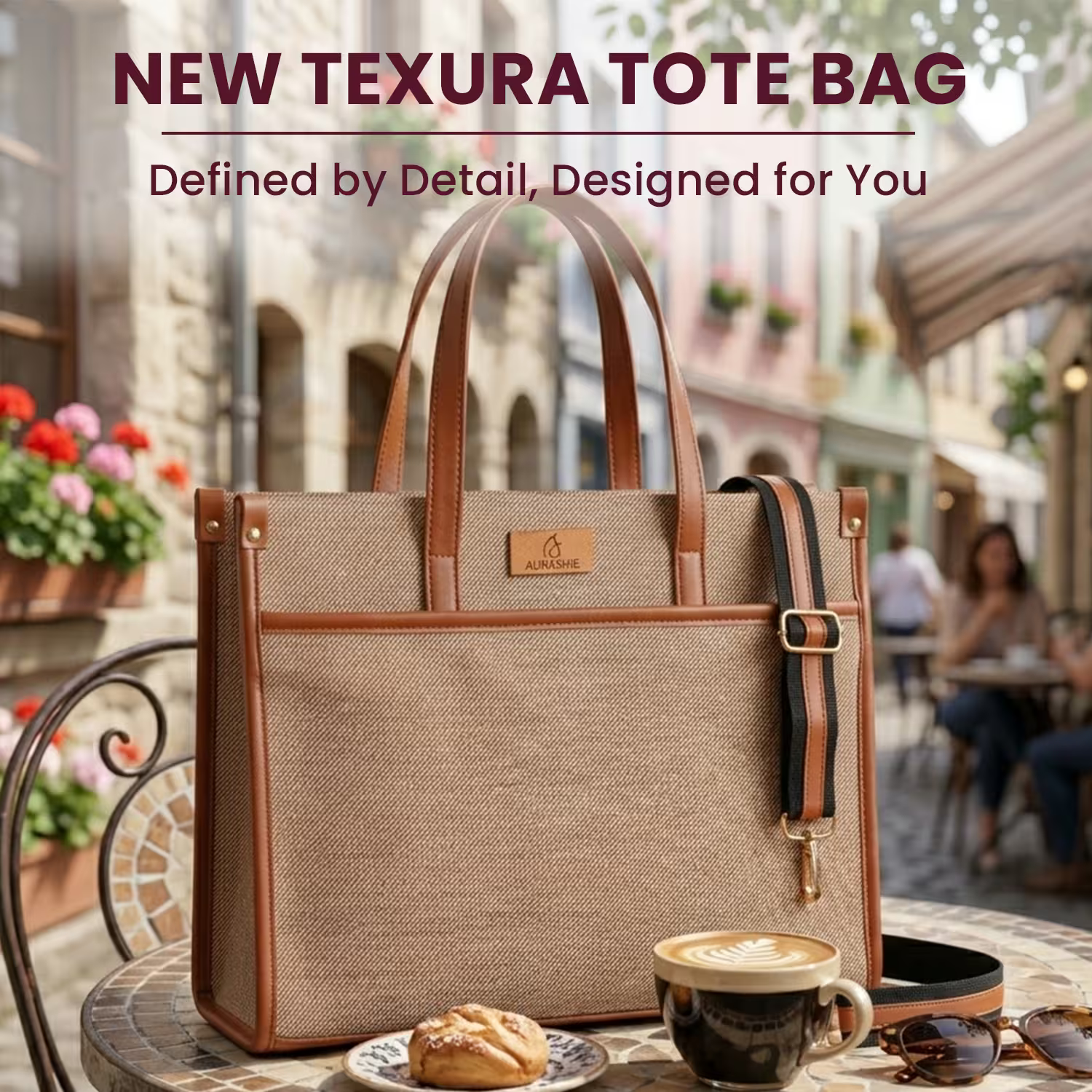Brown tote bag with leather accents on a table with a coffee and pastry, set against an outdoor cafe background.