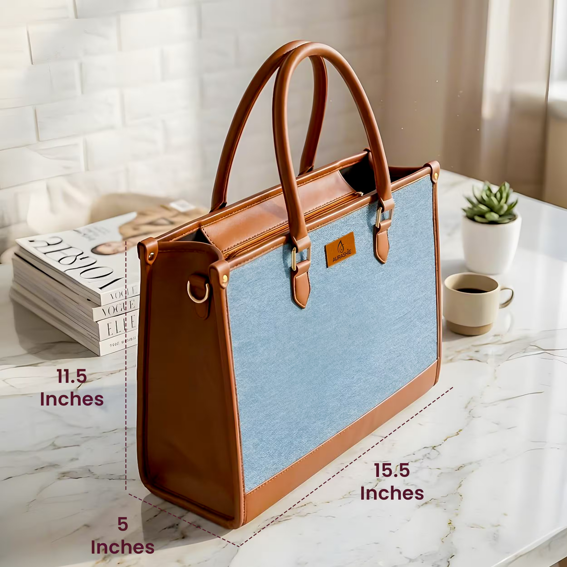 Blue and brown handbag with measurements on a marble surface
