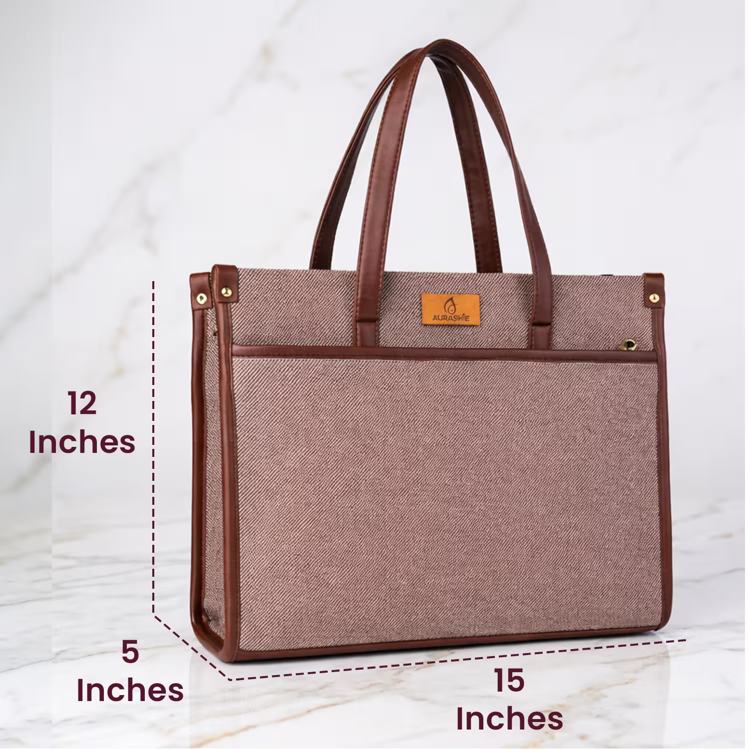 Brown tote bag with dimensions labeled on a white background