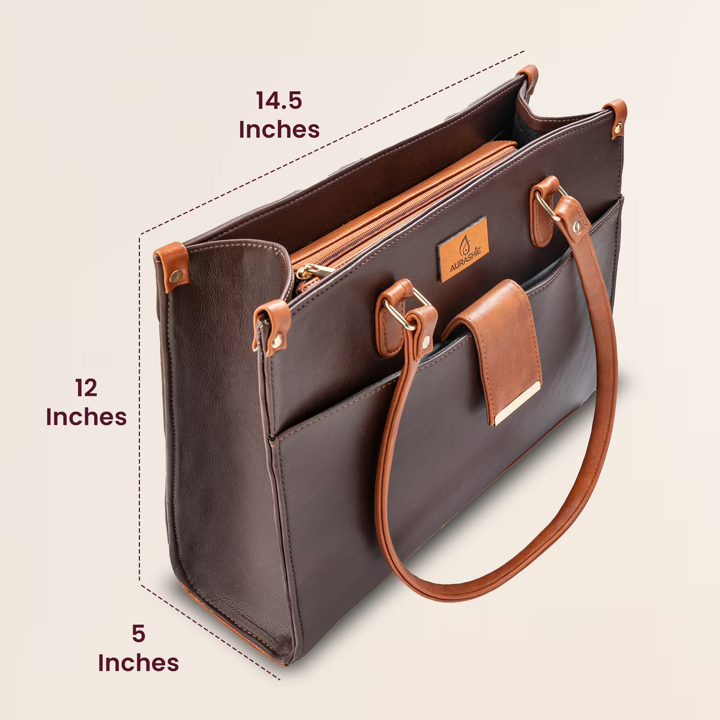 Brown leather handbag with measurements on a beige background