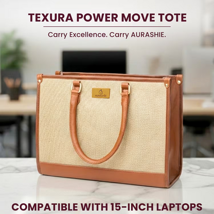 Texura Power Move Tote bag with brown handles and trim on a blurred office background