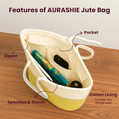 AURASHIE jute bag with features highlighted on a wooden surface