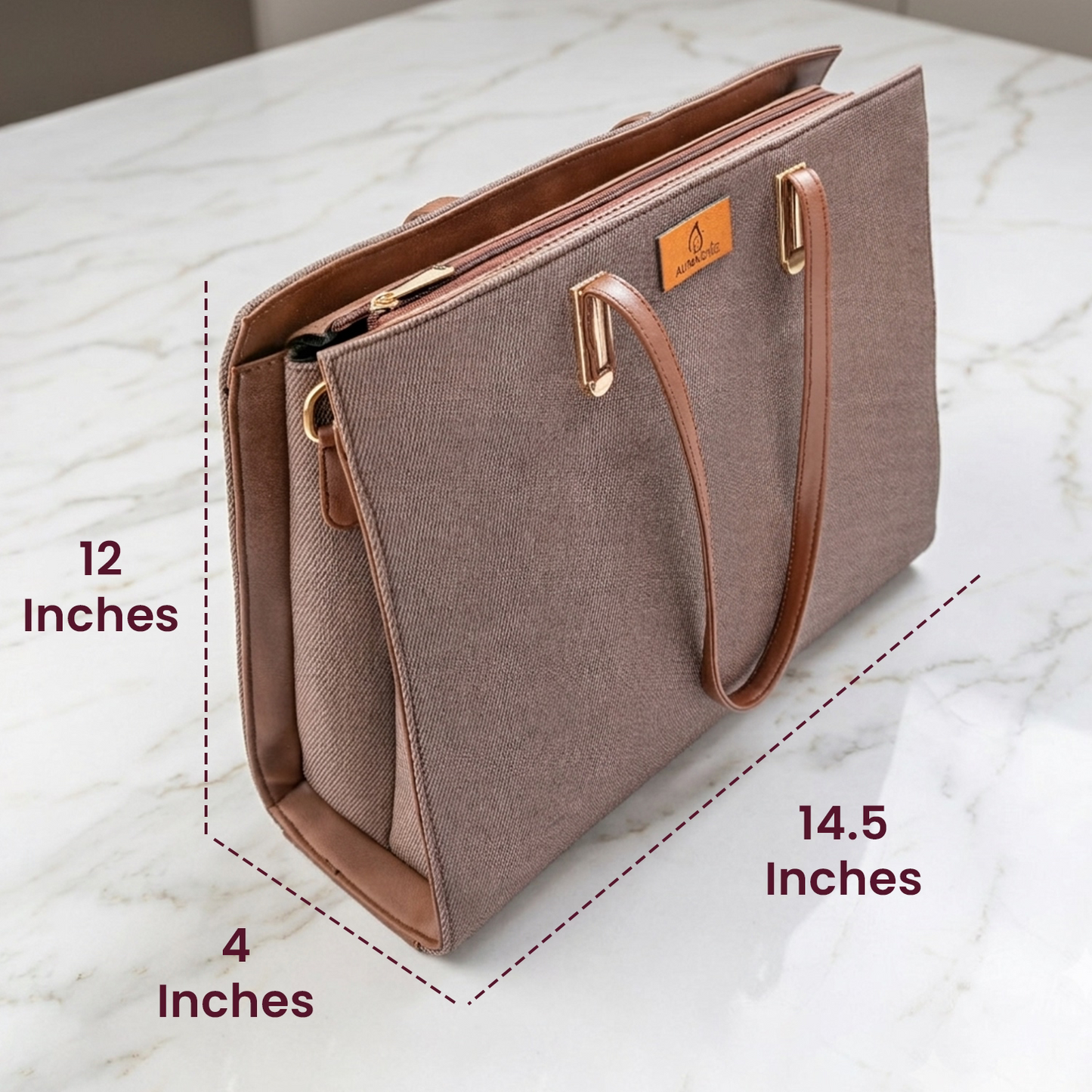Brown tote bag with measurements on a marble surface