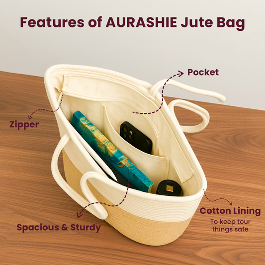 AURASHIE jute bag with features highlighted on a wooden surface