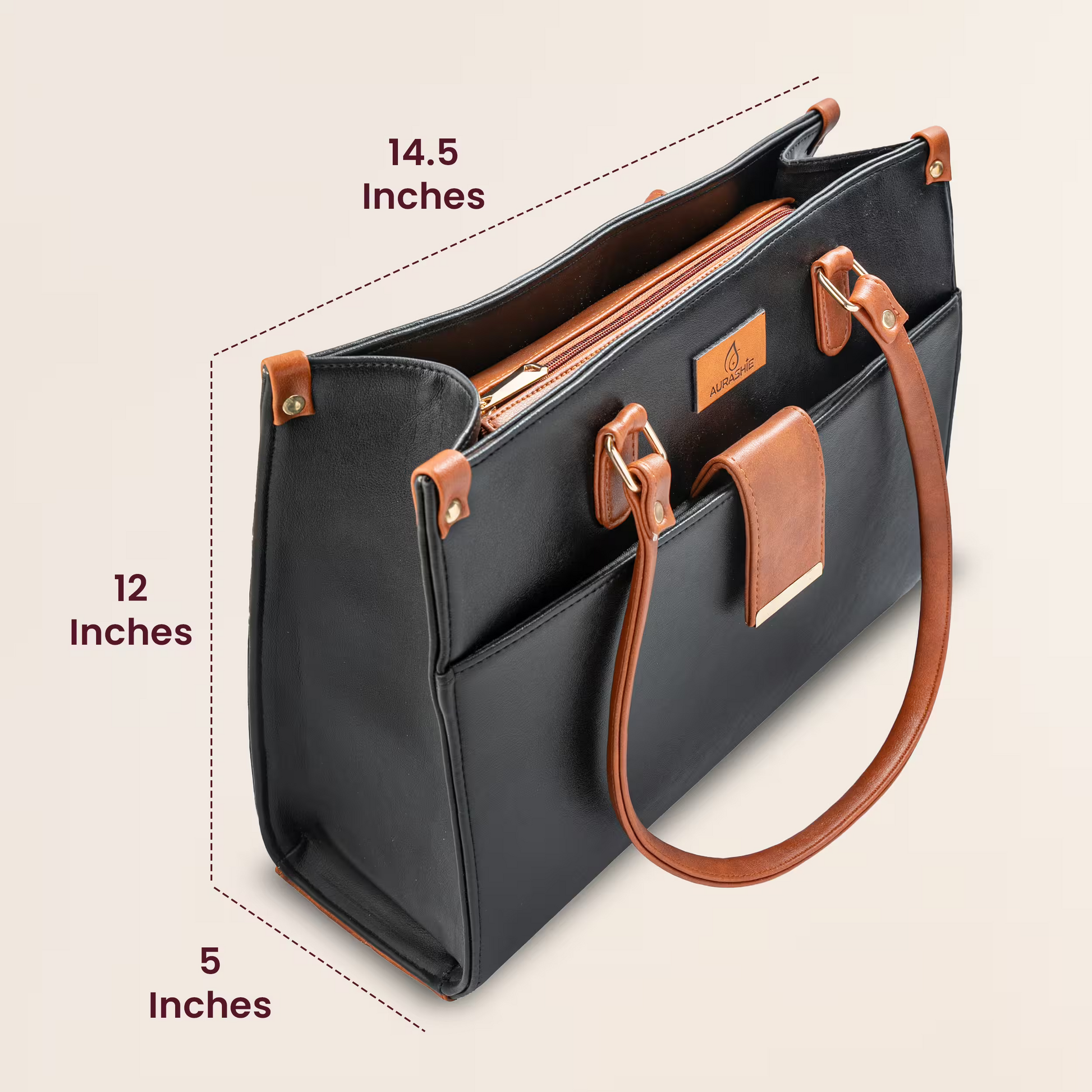 Black handbag with brown handles and trim, showing measurements on a beige background