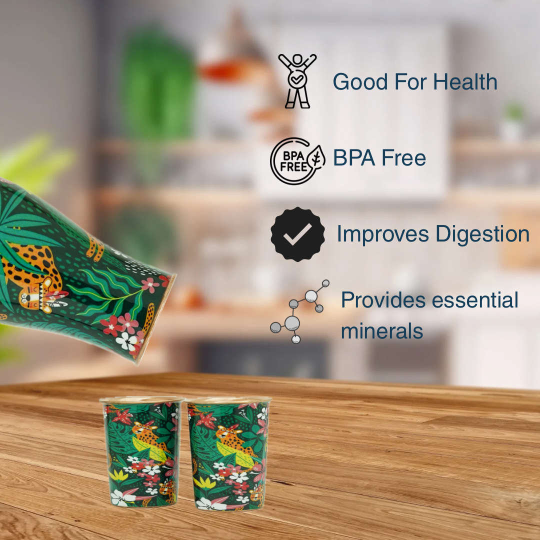 Copper Bedside Bottle with 2 Glass Set (Green Multicolor)