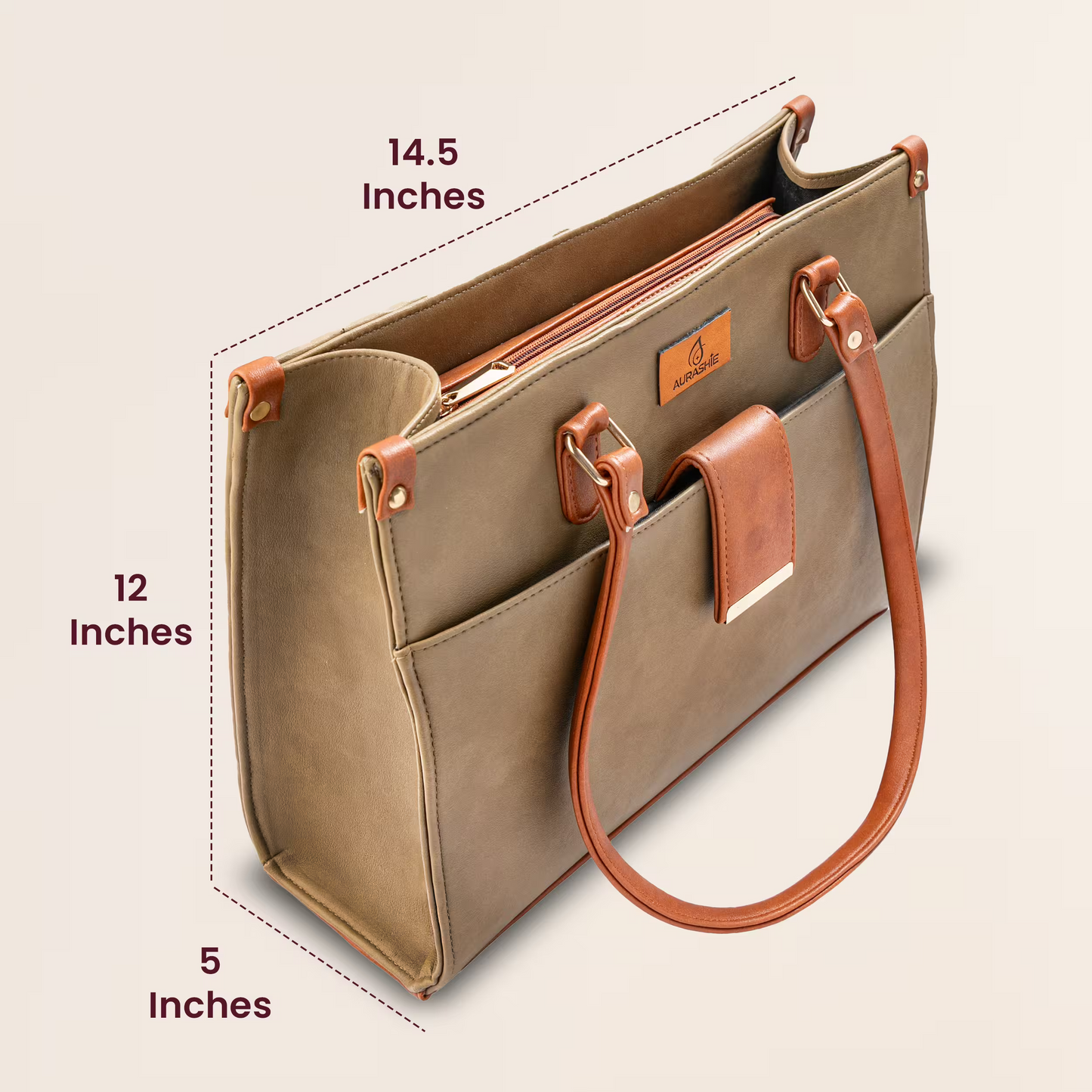 Beige handbag with brown handles and strap, showing measurements on a beige background