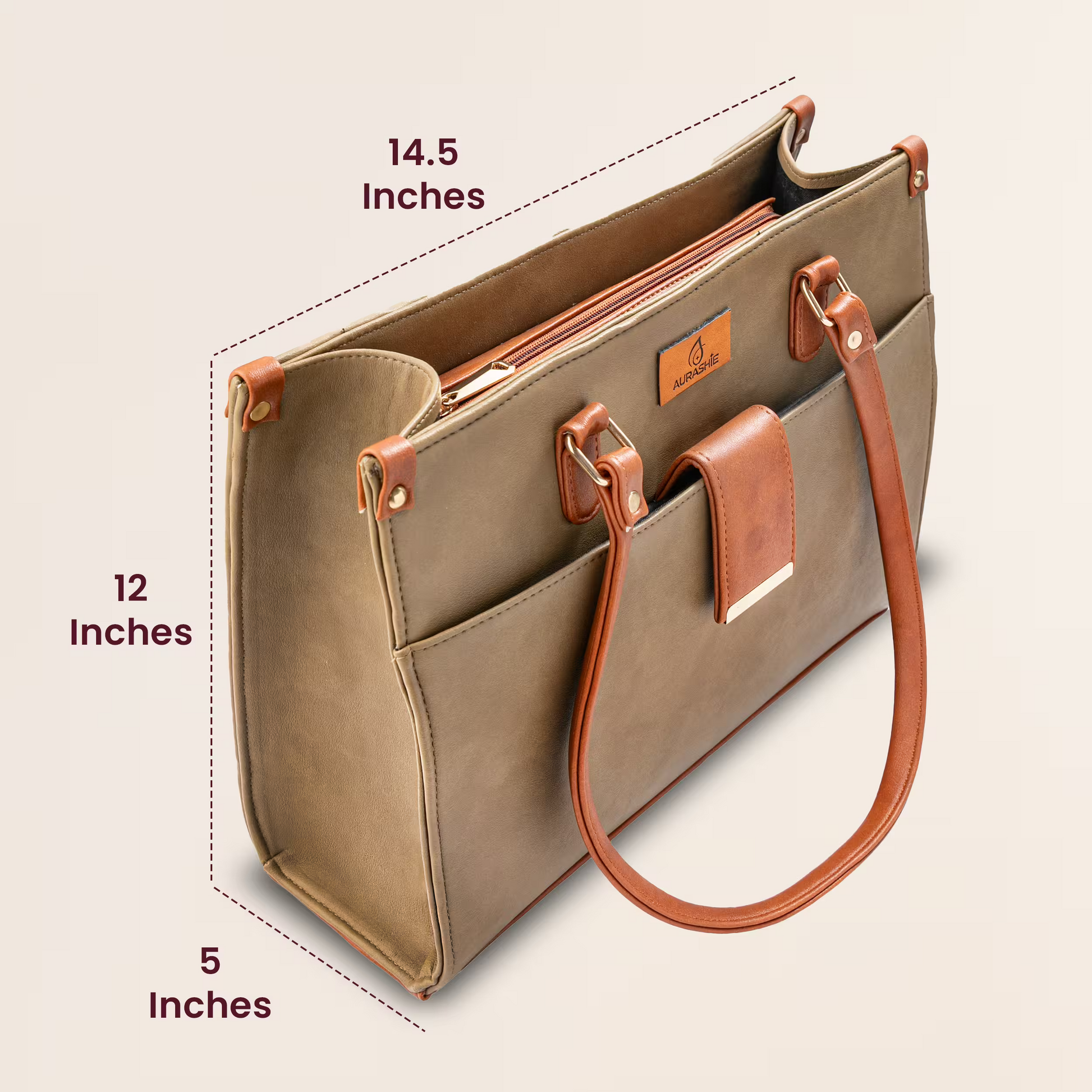Beige handbag with brown handles and strap, showing measurements on a beige background