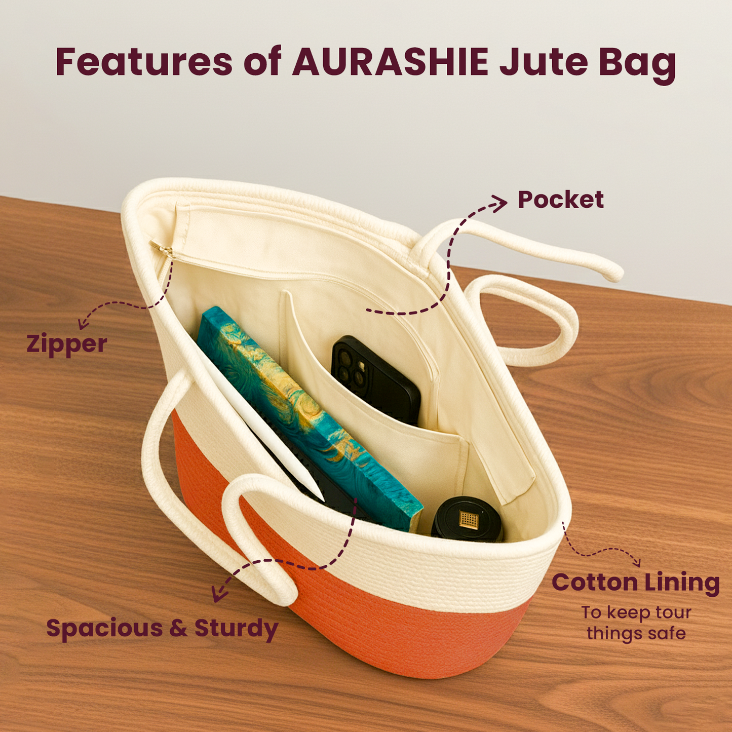 AURASHIE jute bag with features highlighted on a wooden surface